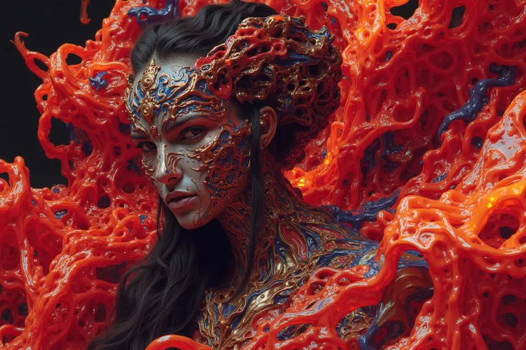 (((photographic， photo， photogenic)))， extremely high quality high detail RAW color photo，western  Woman in dynamic pose， Brightly painted face， Fluid landscape and morphological fusion， Glowing 3D objects interact with graphics， Ultra-detailed illustratio...