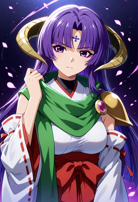 imagen de alta resolución, obra maestra, la mejor calidad, calidad increíble, solo , 1 chica, Eua de Higurashi no Naku Koro ni Gō, 1 chica, 1girl, Eua,  purple hair, purple eyes, horns, long hair,hime cut, Purple eyeliner, pechos muy grandes, muslos muy an...