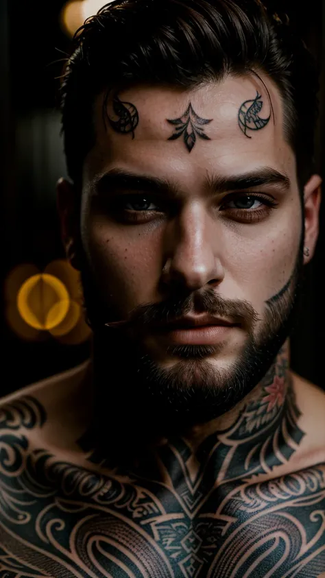 male portrait, beautiful face ,stubble beard perfect face, deliberate, masterpiece, best quality, highest quality, cinematic lighting, very beautiful, ultra realistic, tattoos, tattooed, beautiful, Piercing grey eyes