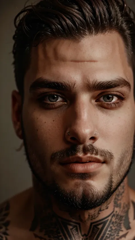 male portrait, beautiful face ,stubble beard perfect face, deliberate, masterpiece, best quality, highest quality, cinematic lighting, very beautiful, ultra realistic, tattoos, tattooed, beautiful, Piercing grey eyes