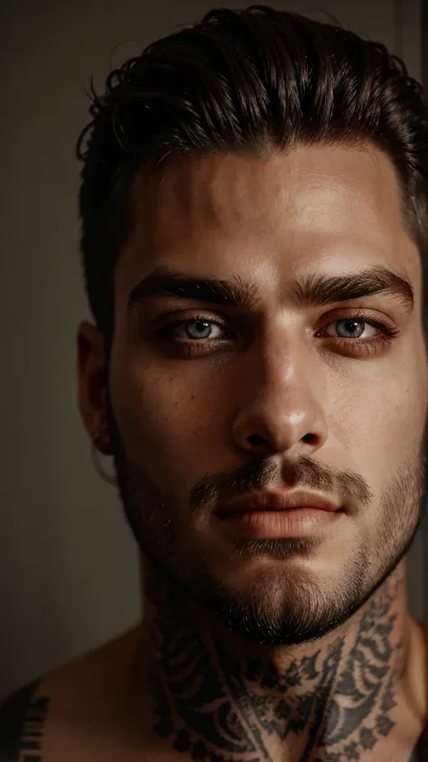 male portrait, beautiful face ,stubble beard perfect face, deliberate, masterpiece, best quality, highest quality, cinematic lighting, very beautiful, ultra realistic, tattoos, tattooed, beautiful, Piercing grey eyes