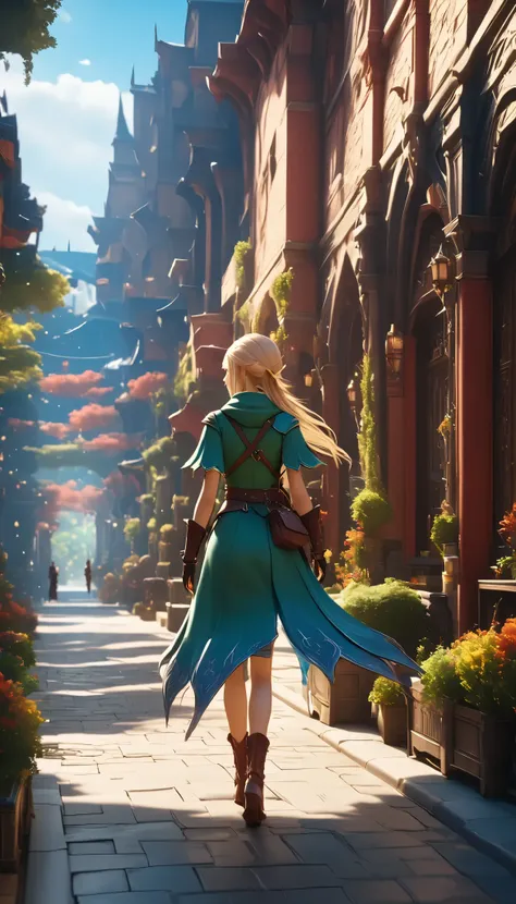 (8k, top quality, masterpiece , Final Fantasy Style : 1.2), Proximity Method, 8k, very well detailed, accurate, top quality, masterpiece,vision, Back view of an elf girl walking down the street