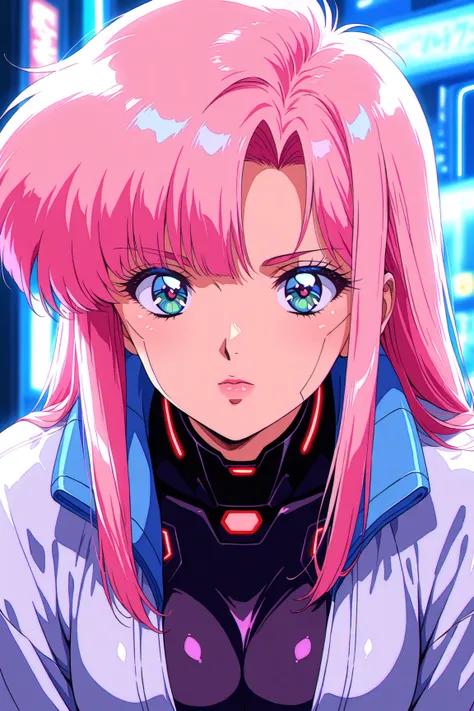 , masterpiece, best quality, good quality, very aesthetic, absurdres, newest, 8K, depth of field, focused subject, a cyberpunk girl with pink hair, in the style of cknc, ((retro anime))