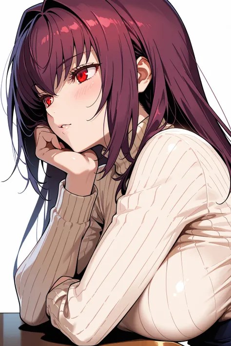 masterpiece, best quality, absurdres, 1girl, from the front, upper body, sitting, white background, elbow rest, mouth covered, boob rest, seductive, sexy, detailed eyes, solo ,anime, matte, seductive, shiny skin, blush, scathach (fgo), big breasts, red eye...