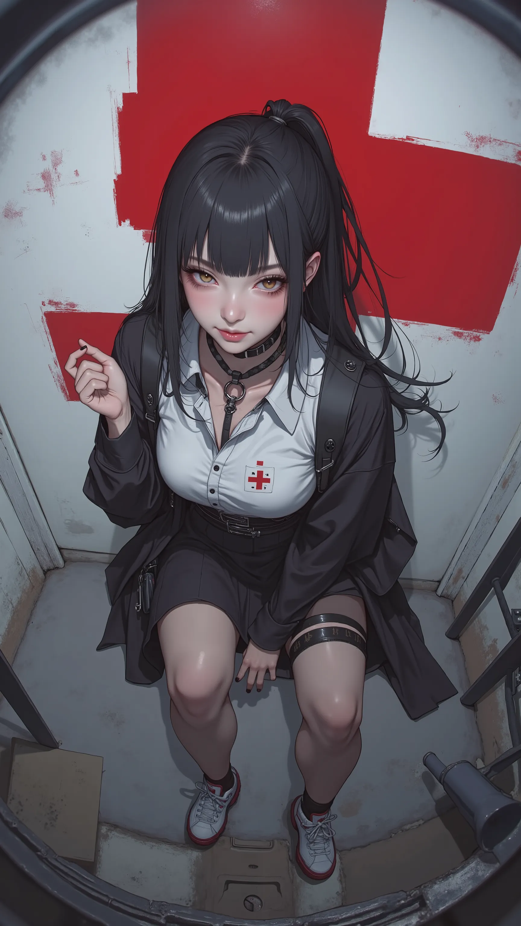  above、 Fisheye 、 beautiful Japanese woman ,  black hair with ponytail,That's emo  ,  nurse,  wearing sneakers ,   very sexy  , red cross logo for background