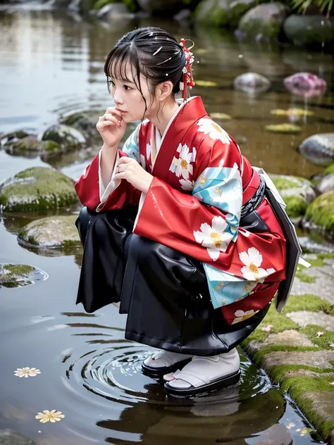 Realistic, long-sleeved kimono, hakama, long hakama, floral kimono, wet clothes, soaking wet clothes, wet shiny clothes, clothes with a wet texture, clothes that stick to the body, wet clothes, rain-soaked clothes, soaking wet, submerged in water, on all f...