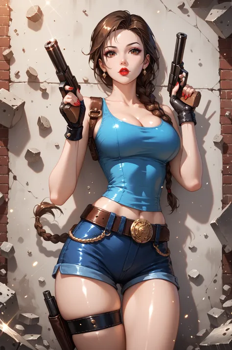 (date:20250212, By:Joulios) masterpiece, best quality, very aesthetic, absurdres, BREAK, 1girl, looking at viewer,  cowboy shot,
lara_classic, brown eyes, brown hair, braided ponytail, long braid, blue tank top, short shorts, fingerless gloves, black glove...