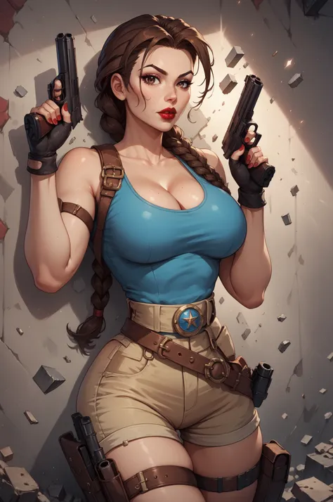 (date:20250212, By:Joulios) masterpiece, best quality, very aesthetic, absurdres, BREAK, 1girl, looking at viewer,  cowboy shot,
lara_classic, brown eyes, brown hair, braided ponytail, long braid, blue tank top, short shorts, fingerless gloves, black glove...