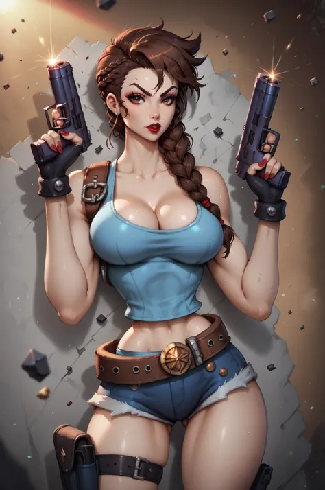 (date:20250212, By:Joulios) masterpiece, best quality, very aesthetic, absurdres, BREAK, 1girl, looking at viewer,  cowboy shot,
lara_classic, brown eyes, brown hair, braided ponytail, long braid, blue tank top, short shorts, fingerless gloves, black glove...