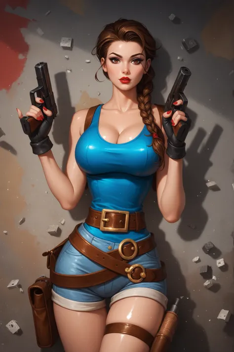 (date:20250212, By:Joulios) masterpiece, best quality, very aesthetic, absurdres, BREAK, 1girl, looking at viewer,  cowboy shot,
lara_classic, brown eyes, brown hair, braided ponytail, long braid, blue tank top, short shorts, fingerless gloves, black glove...