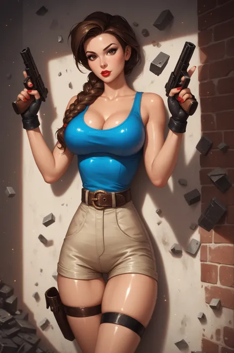 (date:20250212, By:Joulios) masterpiece, best quality, very aesthetic, absurdres, BREAK, 1girl, looking at viewer,  cowboy shot,
lara_classic, brown eyes, brown hair, braided ponytail, long braid, blue tank top, short shorts, fingerless gloves, black glove...