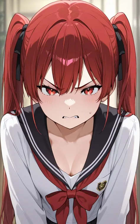  twin tails、 Gold、 school uniform、 cleavage、 my chest is close、 small breasts、 slightly angry face