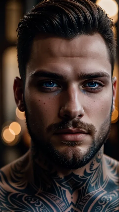 male portrait, beautiful face ,stubble beard perfect face, deliberate, masterpiece, best quality, highest quality, cinematic lighting, very beautiful, ultra realistic, tattoos, tattooed, beautiful,  captivating, mesmerizing blue eyes