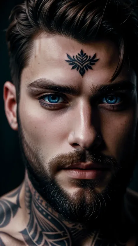 male portrait, beautiful face ,stubble beard perfect face, deliberate, masterpiece, best quality, highest quality, cinematic lighting, very beautiful, ultra realistic, tattoos, tattooed, beautiful,  captivating, mesmerizing blue eyes