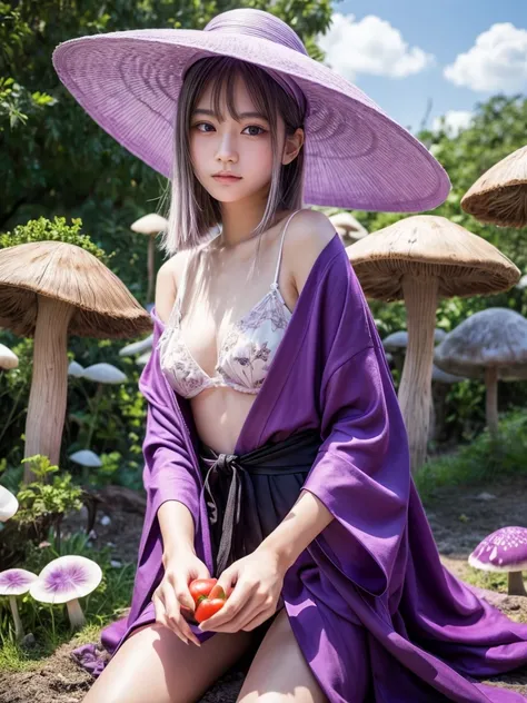 A 20 year old Japanese model、 holding a purple stone with five fingers 、五本の指で紫の石を握っている。 while fluttering a white bobcut 、 giant mushrooms and tomatoes spread out in the background, and {x} the purple sky creates a fantastic atmosphere。