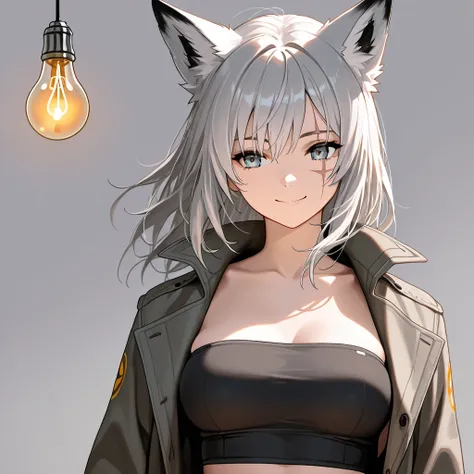  1girl  , fox ear,  medium breasts, Left on the side,  upper body,  gray hair, light bulb,  eye scar ,  smile,  open coat, Tube top,  cinematic angle, gray background,  Masterpiece,  best quality