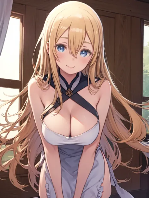  one woman、 naked apron、 white apron、 completely naked、Big Breasts、 huge breasts、 blond hair、hair between eyes、 straight long hair、 blue eyes、 thighs、 knee-high socks、smile、 upper body、 log house interior 、 forward bending、 cleavage、