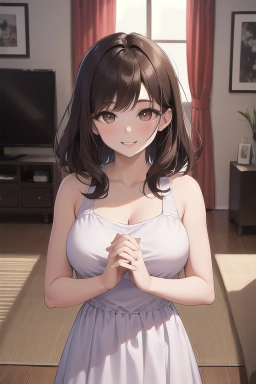  top quality、 Masterpiece、 high res、Fine Lines、 High precision、24 year old adult woman 、 adult-like face、 brown hair at the gym、 、 Hair、Big brown eyes、Shining Eyes、Pale lips、smile、pale purple party dress、Fluffy Dress 、A modern and simple living room、hands ...