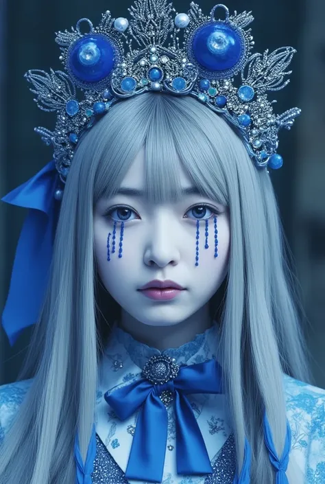 Blue Gothic Lolita, Wedgwood Vintage Blue, etc...
The image is a CGI rendering of a white-skinned woman with amazing blue eyes, long silver braided hair, and black teardrop-like stripes.
She wears a blue and silver decorative headdress with dangling pearls...