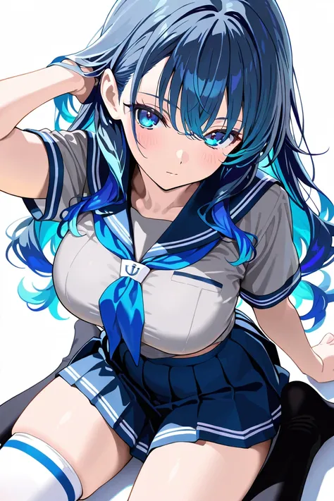 MASTERPIECE, BEST QUALITY, ULTRA DETAILED, HIGH DEFINITION, ILLUSTRATION, HYPER DETAILED, 1girl, slender, medium-large breasts, blue eyes, layered hair above the shoulders, blue hair, sailor shirt, white and gray shirt, short shirt, pleated skirt, blue ski...