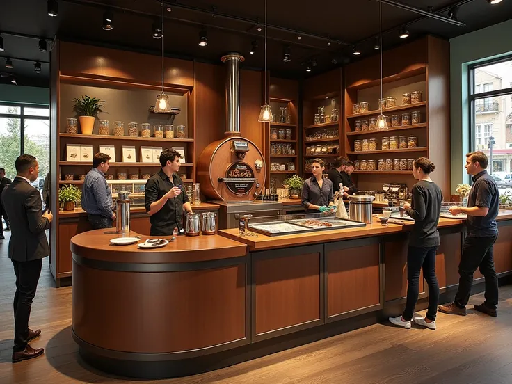 3.  Coffee Experience Zone  (Live Roasting )
📍  Description :
 A special bar where customers can observe the roasting process of fresh coffee beans.  A copper roaster shines in the center ,  with glass jars displaying beans from different origins . To one ...