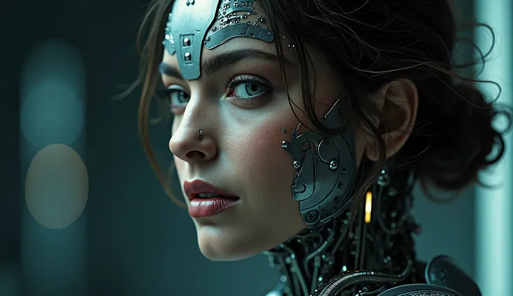 A highly detailed, realistic photo of a cybernetic woman. Her face is a seamless blend of human beauty and advanced technology, with metallic plates and glowing, intricate circuits integrated into her skin. Her eyes are striking that conveys intelligence a...
