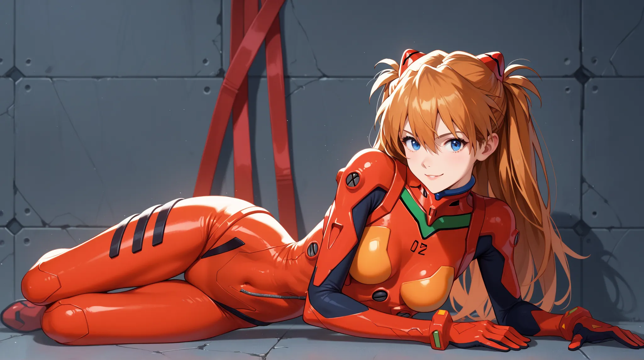 score_9, score_8_up, score_7_up, score explicit, score_ANIME,
smile, looking at viewer,
1girl, souryuu asuka langley \( neon genesis evangelion\), orange hair,  multi-tied hair, blue eyes, red bodysuit, unzipped:1.5, open clothes:1.5, bare neck, bare stoma...