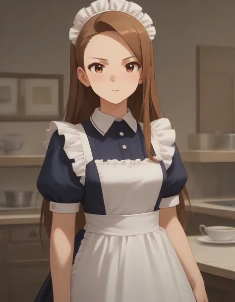 high details, high quality, best quality score_9, score_8_up, score_7_up,   mnsior, petite, longhair, brown hair, forehead, brown eyes, maid head dress maid apron   working concentrating Focus