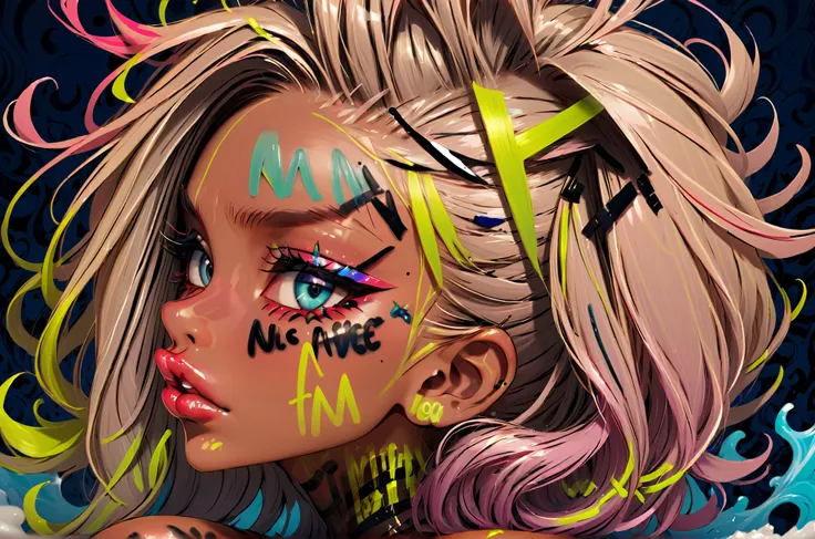 An artistic depiction of a girl with big lips and big eyes, bigger eyes, bigger lips, plump lips, long eyelashes, wearing expensive jewelery. The style is a blend of surrealism and pop art, with DARK colors and VERY exaggerated features. set against a d...
