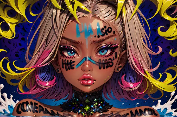 An artistic depiction of a girl with big lips and big eyes, bigger eyes, bigger lips, plump lips, long eyelashes, wearing expensive jewelery. The style is a blend of surrealism and pop art, with DARK colors and VERY exaggerated features. set against a d...