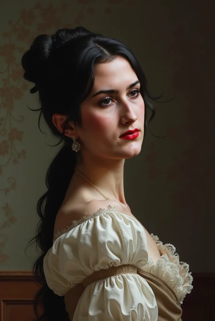 An 18th century woman , Semi Perfil,  black hair, long thin nose