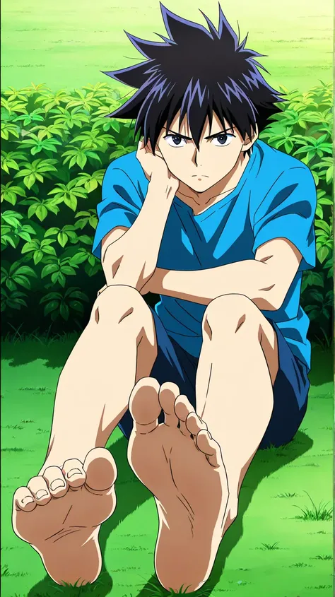 score_9, score_8_up, source_anime,
1man, He is an adult (38 years old), black hair, short spiky hair, dark eyes, , alone, looking at viewer, serious expression, standing, ANIME SCREENCAP, blue tshirt, white short, anime coloring, in a garden, barefoot, per...