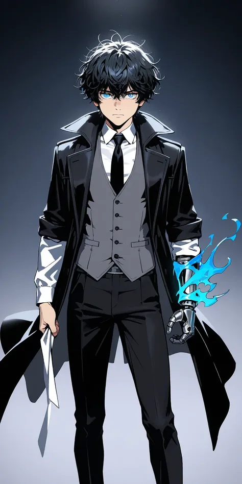 Solo male, black hair, blue eyes, messy hair, white shirt, black tie, black coat, grey vest, black pants, cravat, left prosthetic hand, highly detailed, best quality