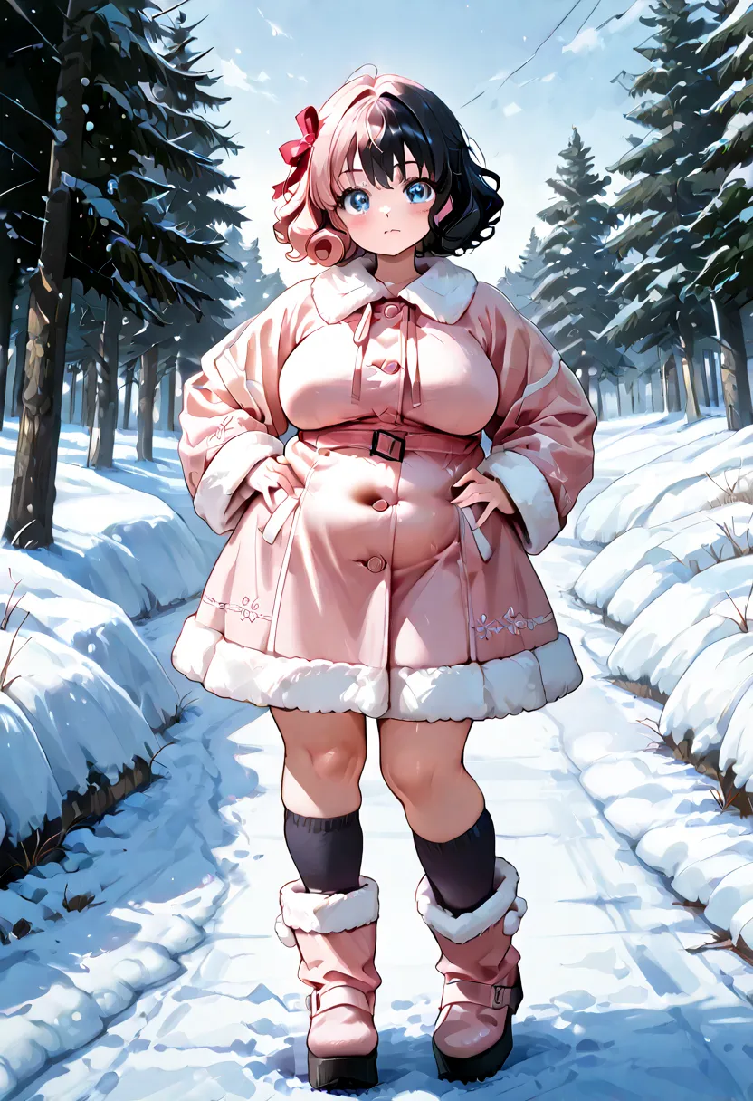 1girl, solo, masterpiece, best quality, (anime art style:1.0), round breasts, cute girl, short curly hair, short hair, black hair, light pink hair ribbons in her hair, blue eyes, snowy landscape/background, hands on her hips, pink h4r4juku-w1nter), (pink w...