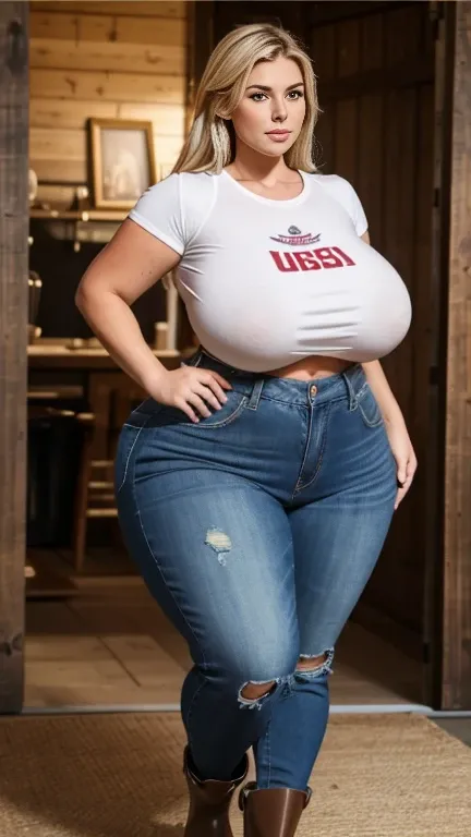 Photo from head to toe ,  full body view, Huge USBBW, large, plump , curvaceous, elegant, Working farmer's wife,  wide hips, Goddess blonde , ripped ripped old low-waist jeans, Breasts slip out of the sports bra, Work black wellies,  hourglass figure, devo...