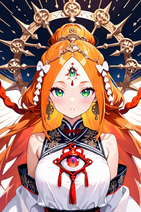 MASTERPIECE, BEST QUALITY, ULTRA DETAILED, HIGH DEFINITION, ILLUSTRATION, INTRICATE DETAILS, HYPER DETAILED, ALONE,1thin woman with orange hair tied in two bows on both sides of her head, green eyes and a very large chest. Her forehead also has a third eye...