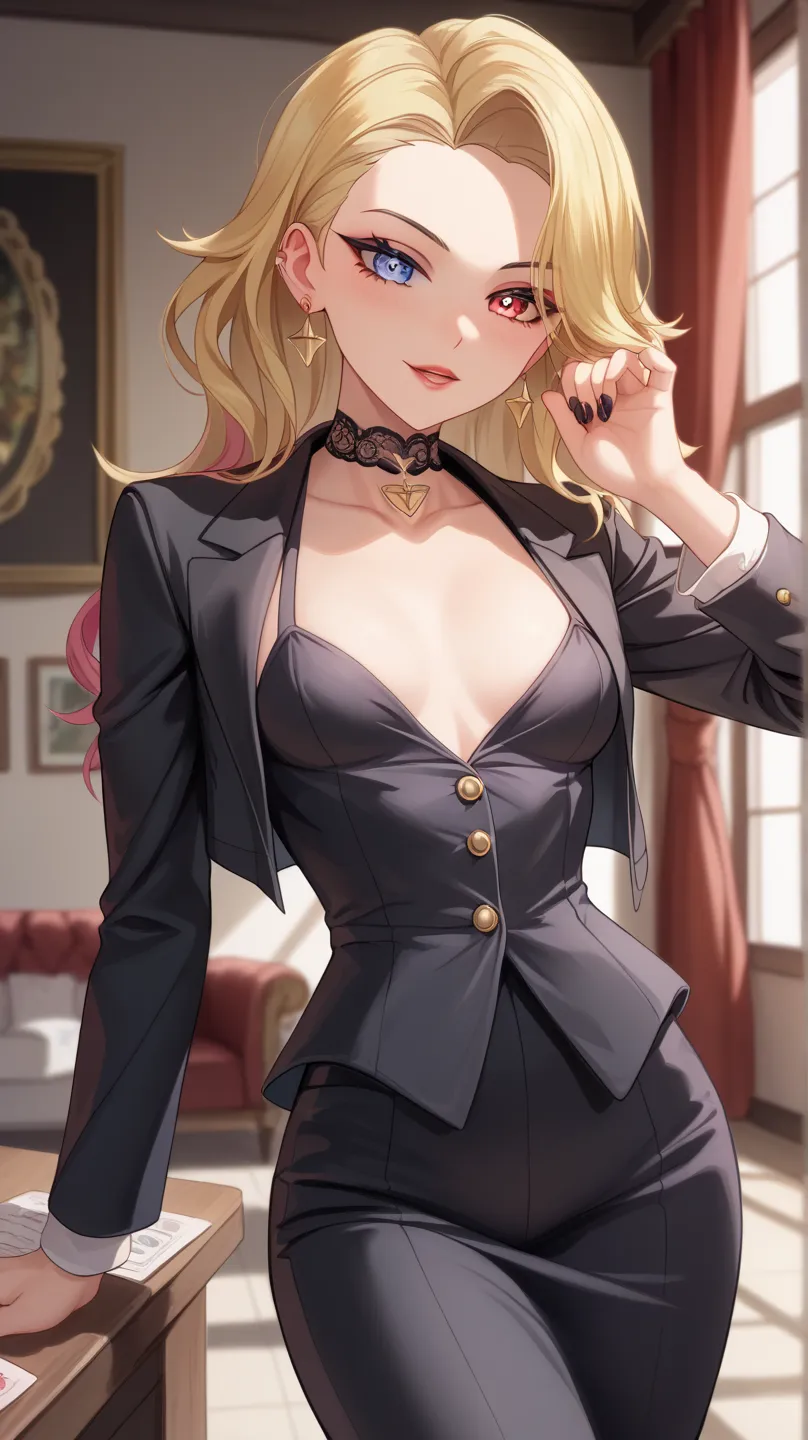 solo、 1 woman 、Beauty、( blonde with highlights)) 、 bob hair、 straight、Sideburns、 Center-Parted Bangs、 expressive hair 、Silky Hair、 round eyes、 eyes、Shining Eyes、Eye Reflexes、 textured skin、 small breasts、 slim、( she is using a black elegant suit), mafia bo...