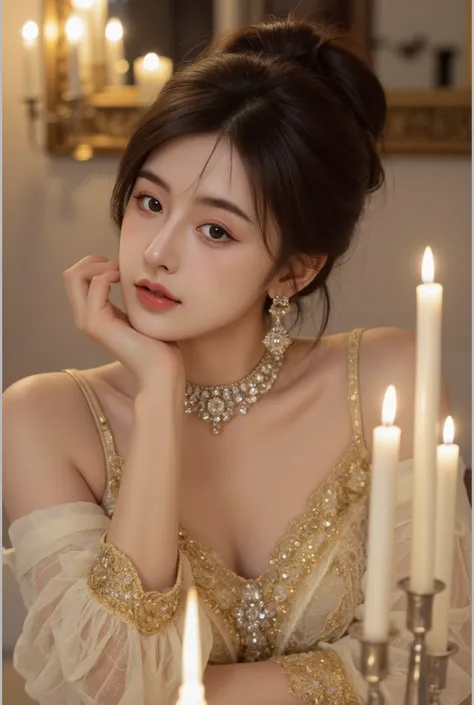 Pose: The model is seated gracefully, resting her chin lightly on her fingers with a thoughtful, dreamy expression. Her gaze is directed slightly downward, creating an aura of elegance and introspection.
Hair: Her dark, wavy hair is styled in a sophistica...