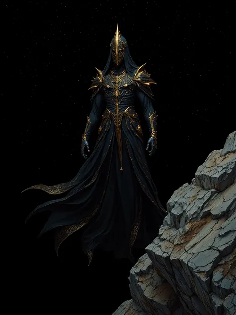 Full body of a faceless entity based theme on a cliff suspended in space, floating spread parts of the robe factory on a cliff, completely black starry sky, universe, long robe spread with ornaments, fill the blank space and make a stunning sci-fi backgrou...