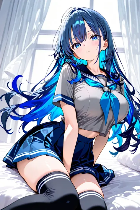 MASTERPIECE, BEST QUALITY, ULTRA DETAILED, HIGH DEFINITION, ILLUSTRATION, HYPER DETAILED, 1girl, slender, medium-large breasts, blue eyes, layered hair above the shoulders, blue hair, sailor shirt, white and gray shirt, short shirt, pleated skirt, blue ski...