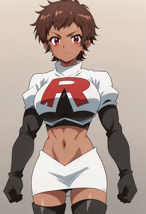 blossom, short hair, brown hair, dark-skinned female, 1girl, red eyes, solo, large breasts, muscular female, looking at viewer, team rocket,team rocket uniform,white skirt,red letter R,crop top,black thigh-highs,black elbow gloves, score_9, score_7_up,anim...