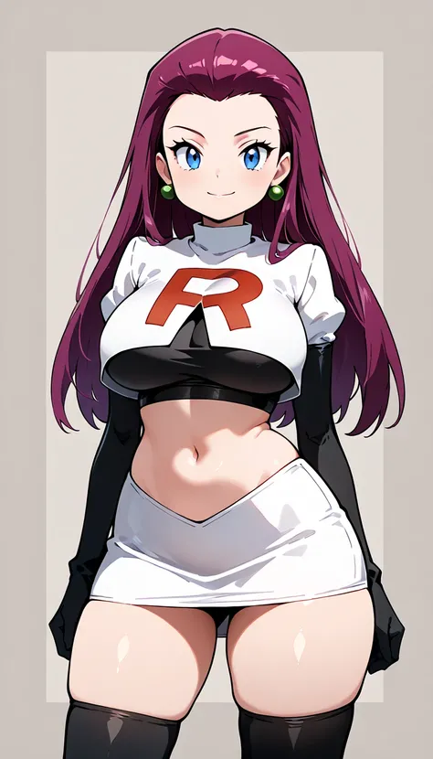 masterpiece, best quality
,
1girl, solo, (jessie pokemon), hair slicked back, long hair, purple hair, blue eyes, cute face, (20 years old), (young), (cute), (curvy), (big breasts), (thick thighs), slim waist
,
team rocket, team rocket uniform, white skirt,...