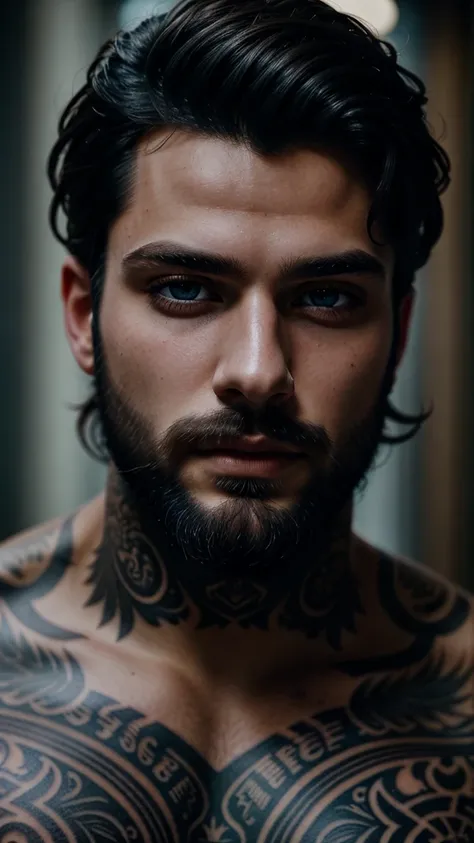 male portrait, beautiful face ,black hair ,stubble beard perfect face, deliberate, masterpiece, best quality, highest quality, cinematic lighting, very beautiful, ultra realistic, tattoos, tattooed, beautiful,  captivating, mesmerizing blue eyes