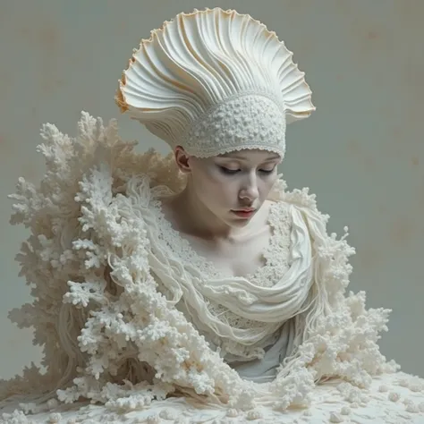  It is a photorealistic and highly detailed work of digital art that presents the face of a very pale albino woman dressed in white, you can only see the upper part of the dress, all white lace,  the lower part is a marine shell , also in white and surreal...