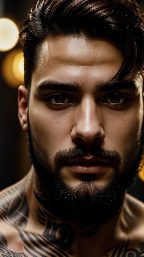 male portrait, beautiful face ,black hair ,stubble beard perfect face, deliberate, masterpiece, best quality, highest quality, cinematic lighting, very beautiful, ultra realistic, tattoos, tattooed, beautiful,  captivating, warm Amber eyes , golden-yellow ...