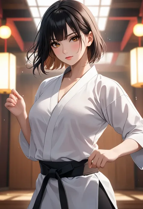 (( big breasted))、((( front open shirt))、(((Empty-handed)))、( black hair)、(blunt bangs)、( short hair)、( wet hair)、(Women's Karate)、(( sweaty))、( Glowing Skin )、((Serious))、(( blanking))、(((Karate Dojo)))、((Delicate Paintings )),( Masterpiece elaborate...