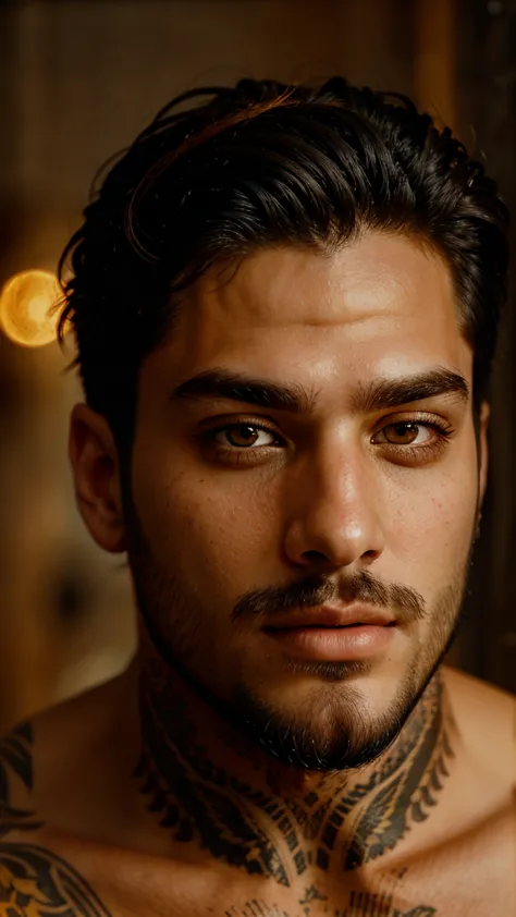 male portrait, beautiful face ,black hair ,stubble beard perfect face, deliberate, masterpiece, best quality, highest quality, cinematic lighting, very beautiful, ultra realistic, tattoos, tattooed, beautiful,  captivating, warm Amber eyes , golden-yellow ...