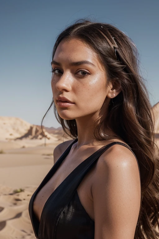 An avant-garde high fashion photoshoot in a desert landscape featuring beautiful model (((best quality)), ((masterpiece)), (detailed), perfect face realistic photo of beautiful woman with long dark brown hair, Russian, influencer, light freckles, dark brow...