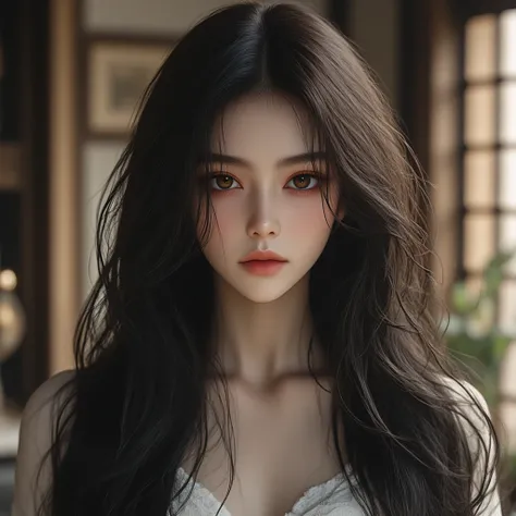 （  top quality 。  highest resolution 。  super realistic photo  。  full body portrait 。）  there is a beautiful woman with super super long hair  。 More beautiful than a beautiful actress 。  beautiful young women 。  she has a beautiful and lovely face like a...