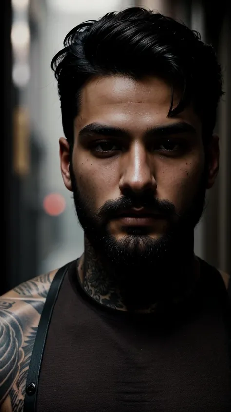 male portrait, beautiful face ,black hair ,stubble beard perfect face, deliberate, masterpiece, best quality, highest quality, cinematic lighting, very beautiful, ultra realistic, tattoos, tattooed, beautiful,  captivating,extremely dark brown, appearing a...